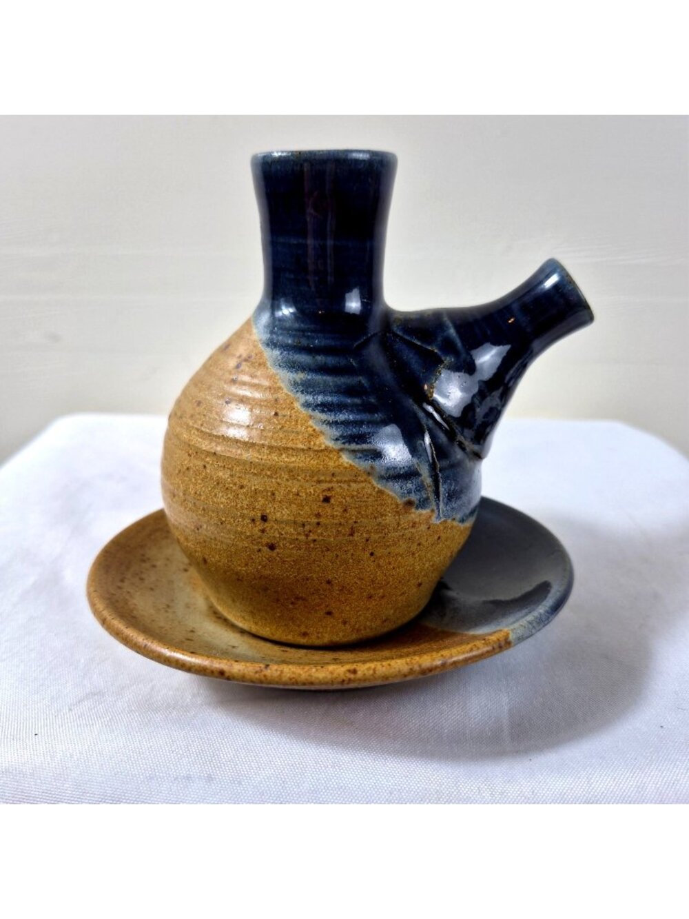 Signed Studio Art Pottery 2 Spout Cruet Pouer with Drip Saucer Blue Tan Glaze